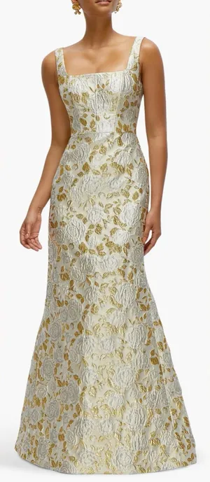 NEW DESSY COLLECTION Metallic Floral Brocade Trumpet Winter Mist Gown Sz 16 thumbnail 1