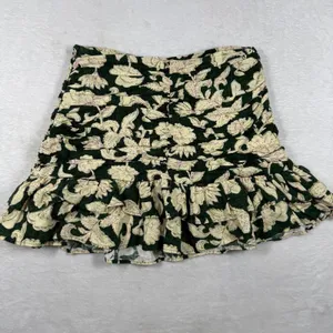 Zara Green Floral‎ Ruched Mini Skirt Tiered Ruffle Hem Linen Blend Size S thumbnail 10