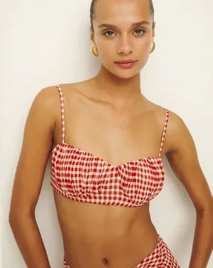 Reformation Alana Red Gingham Bustier Crop Top Sweetheart Neck Viscose Size 6 thumbnail 1