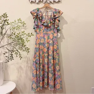 Lost + Wander Florescence Cottage Midi Dress in Yellow Purple Floral One Size thumbnail 2