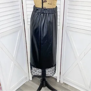 Michael Kors Lace Trim Faux Leather Slip Skirt‎ Black Midi Pencil Elastic XS thumbnail 4