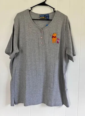 Disney Winnie the Pooh Piglet Gray Ribbed Henley Short Sleeve Womens 14/16W thumbnail 1