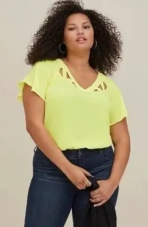 Torrid Yellow Blouse Georgette Cage Front Cutout Lemon Tonic Top Lightweight 0 thumbnail 1