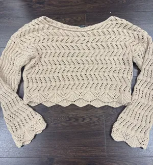 American Eagle Boho Open Knit Cropped Sweater Flared Sleeve Beige XS‎ thumbnail 1