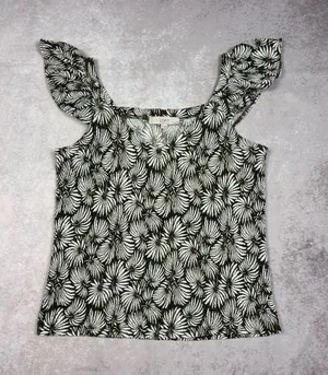 LOFT Green White Floral Flutter Sleeve Top Size M thumbnail 1