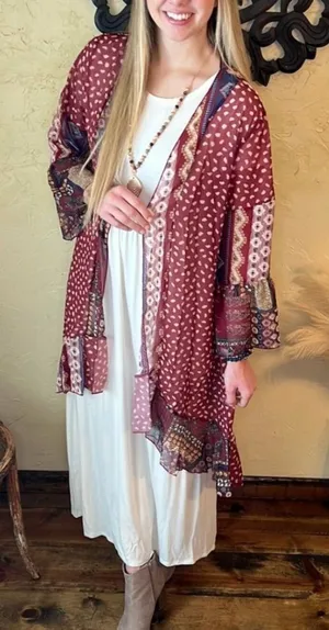 Boho Patchwork Bell Sleeve Sheer Duster‎ Cardigan Festival Hippie Cottagecore thumbnail 1