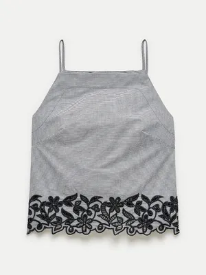 J.Crew Black & White Micro Gingham Floral Embroidered 100% Cotton Poplin Top 00 thumbnail 3