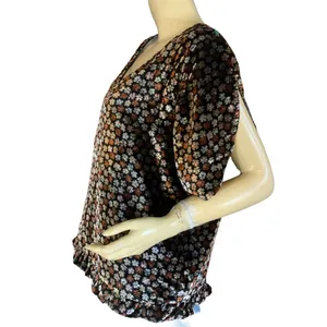 Madewell Velvet Tulip Sleeve Silver & Brown With Ruffle Trim Top Nwt (Xl) thumbnail 5