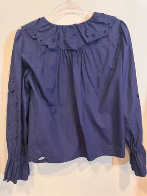 Free People Women’s Medium Maisie Cutwork Navy Bell Sleeve Embroidered Blouse thumbnail 7