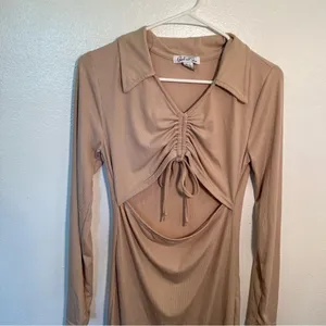 Birch and Stone Women's Size Large Ribbed Mini Dress Beige Cut‎ Out Cinched thumbnail 3