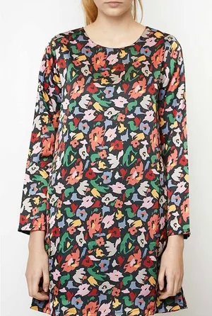 COMPANIA FANTASTICA Women's XL Satin Multicolor Floral Shift Dress Ruffle Hem thumbnail 1