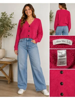 Active USA Ladies Hot Pink Crop Button Up Cardigan Sweater Size L Comfy Casual thumbnail 2
