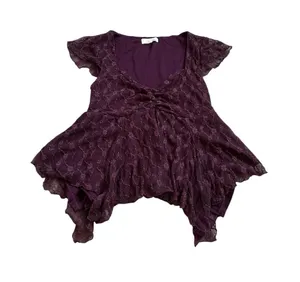 Womens Purple Lace Cap Sleeve Babydoll Top Dark Fairy Grunge Romantic Ethereal thumbnail 1