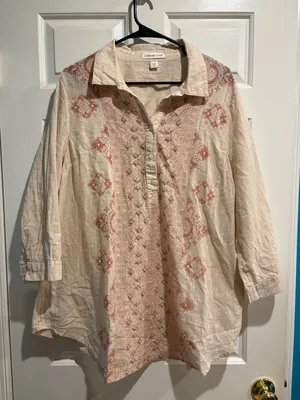 Coldwater Creek button-down tunic blouse cream boho beaded 1X thumbnail 1
