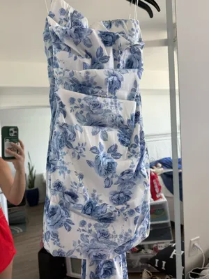 Blue and white mini dress with bow train thumbnail 2