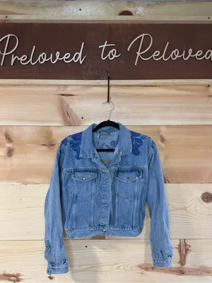 Free People Light Blue Denim Jacket with Blue Floral Embroidery thumbnail 3