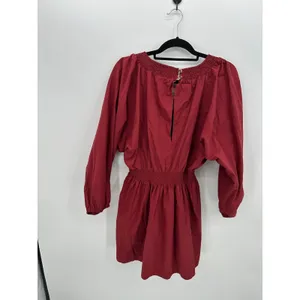 Cottagecore Red Smocked V-Neck Balloon Sleeve 100%‎ Cotton Mini Dress Sz L Boho thumbnail 2