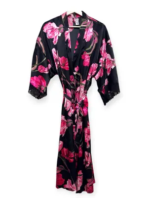 NWT Women's Lilac + London Floral Print Pink and Black Midi Wrap Robe L thumbnail 5