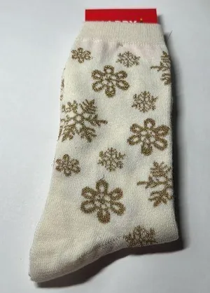 Happy Christmas Gold Snowflakes Crew Socks - #209 / Any 3 Pair $15 thumbnail 1