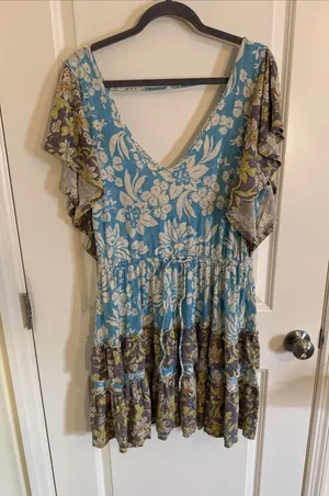 Daily Practice by Anthropologie Floral Tiered Ruffle Mini Dress Blue Medium thumbnail 1