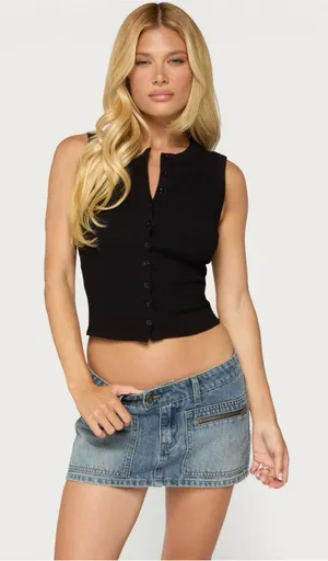Edikted Basel Button up Tank Top Black Size XS Ribbed Summer Spring Y2K thumbnail 1