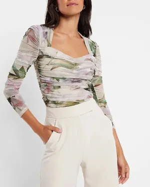 Express Floral Mesh Ruched Body contour Blouse sheer long-sleeved top crop y2k multi color M thumbnail 1