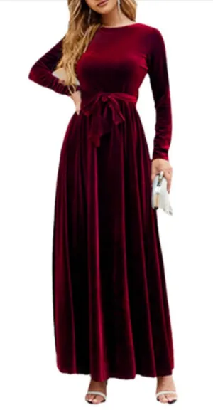 NEW Velvet Maxi Dress Long Crew Neck Elastic High Waist Cocktail Formal M thumbnail 1