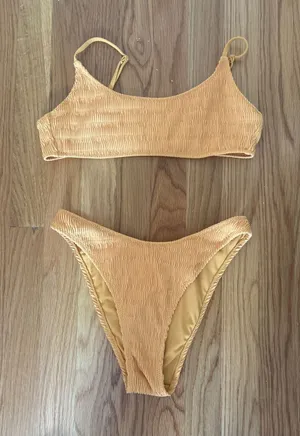 PacSun Swim‎ Eco Mustard Yellow Crinkle Smocked Bikini Set Small Scoop High Cut thumbnail 1