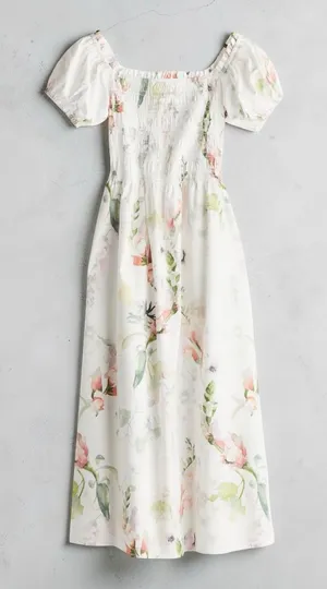 H&M Off-The-Shoulder Poplin Floral Midi Dress – White/Pink/Green Sz L thumbnail 1
