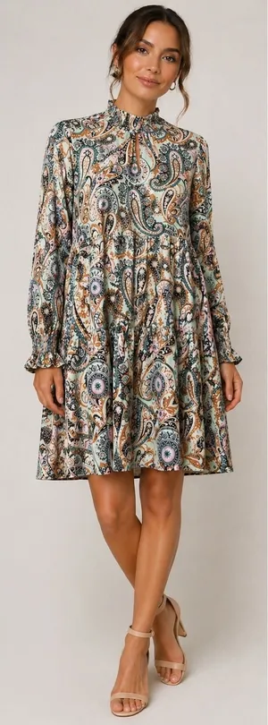 $138‎ Anthropologie Cady Tiered Longsleeve Mint Paisley Tunic Dress XS thumbnail 1