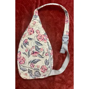 Vera Bradley Sling Backpack Floral Pink Gray Travel Adjustable Lots Pockets EUC thumbnail 2