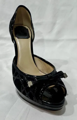 Christian Dior Black Cannage Patent Bow Peep Toe Heel 38.5 SINGLE SHOE thumbnail 1