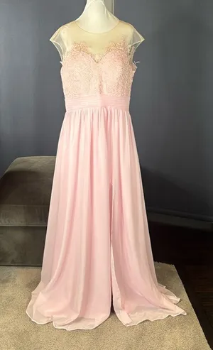 Woman’s Pink Formal Dress Gown with Sheer Lace Top Leg Slit Zip Back Size 14 thumbnail 1