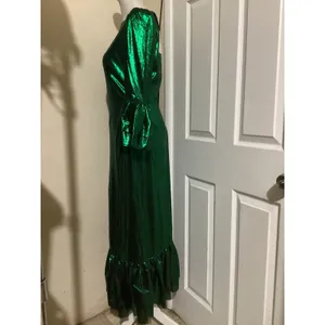 Pomander Place Green Metallic Pleated Ruffle Maxi Dress B1680 Small NWT thumbnail 4