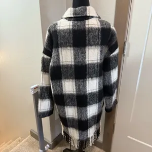 Karen Kane Plaid Fringe Jacket Black White Button Notch Collar Wool Blend S thumbnail 6