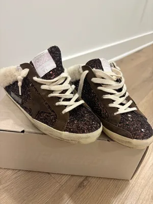 Golden Goose Super-Star Sabots in glitter with brown star and shearling lining thumbnail 4