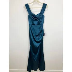 Lulus Stunning Arrival Dark Teal Satin Off The Shoulder Maxi Dress Formal M NWT thumbnail 5