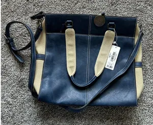 Simply Noelle‎ Large Canvas Tote Bag Cream Navy Multi Pocket Compartments NWT thumbnail 1