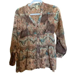 Bke Buckle Womens Size Medium Sheer Bohemian Print Button Blouse Top thumbnail 1