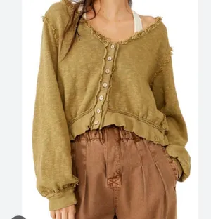 Free People X We The Free Golden Road Cardigan Curly Willow Mustard Olive Crop thumbnail 1