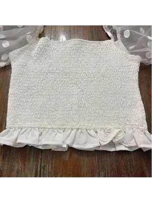 idem ditto White Smocked Puff Sleeve Crop Top NWOT Size Medium Sheer Polka Dot thumbnail 5