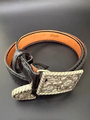 Vintage BRIGHTON 97033 Black Embossed Croc Leather Floral Buckle Belt Size ML 32 thumbnail 2