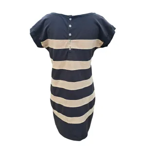 J. Crew Striped Cotton Pique T-Shirt Dress Gray Tan‎ Button Back Cap Sleeve M thumbnail 4