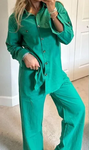 Green Button-Up Shirt and Pants Outfit Set thumbnail 1