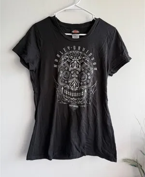 Harley-Davidson Women Black Sugar Skull Graphic Tee Garden State NJ Size L thumbnail 1