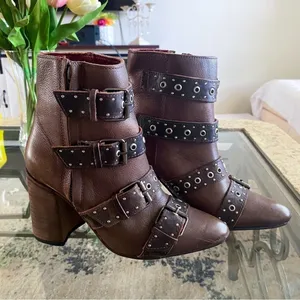 Freebird by Steven Boot Joust Ankle‎ Buckle Studded Leather Heeled Boho Brown 6 GUC thumbnail 2