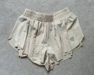 Beige Flowy High Waisted Workout Shorts Tan thumbnail 1