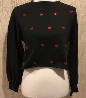 Beach Riot Black Cropped Sweatshirt with Red Glitter Hearts, Size Large thumbnail 1