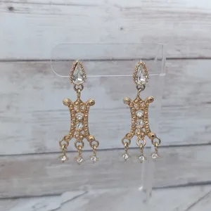 Vintage Earrings for Pierced Ears Ornate Gold Tone & Clear Gem Statement Dangle thumbnail 1