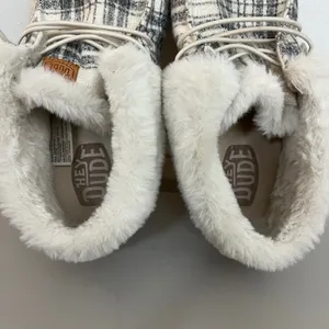Hey Dude Wendy Fold Boot Women W9 Grey Plaid Textile Faux Fur Cozy Ankle Bootie thumbnail 4